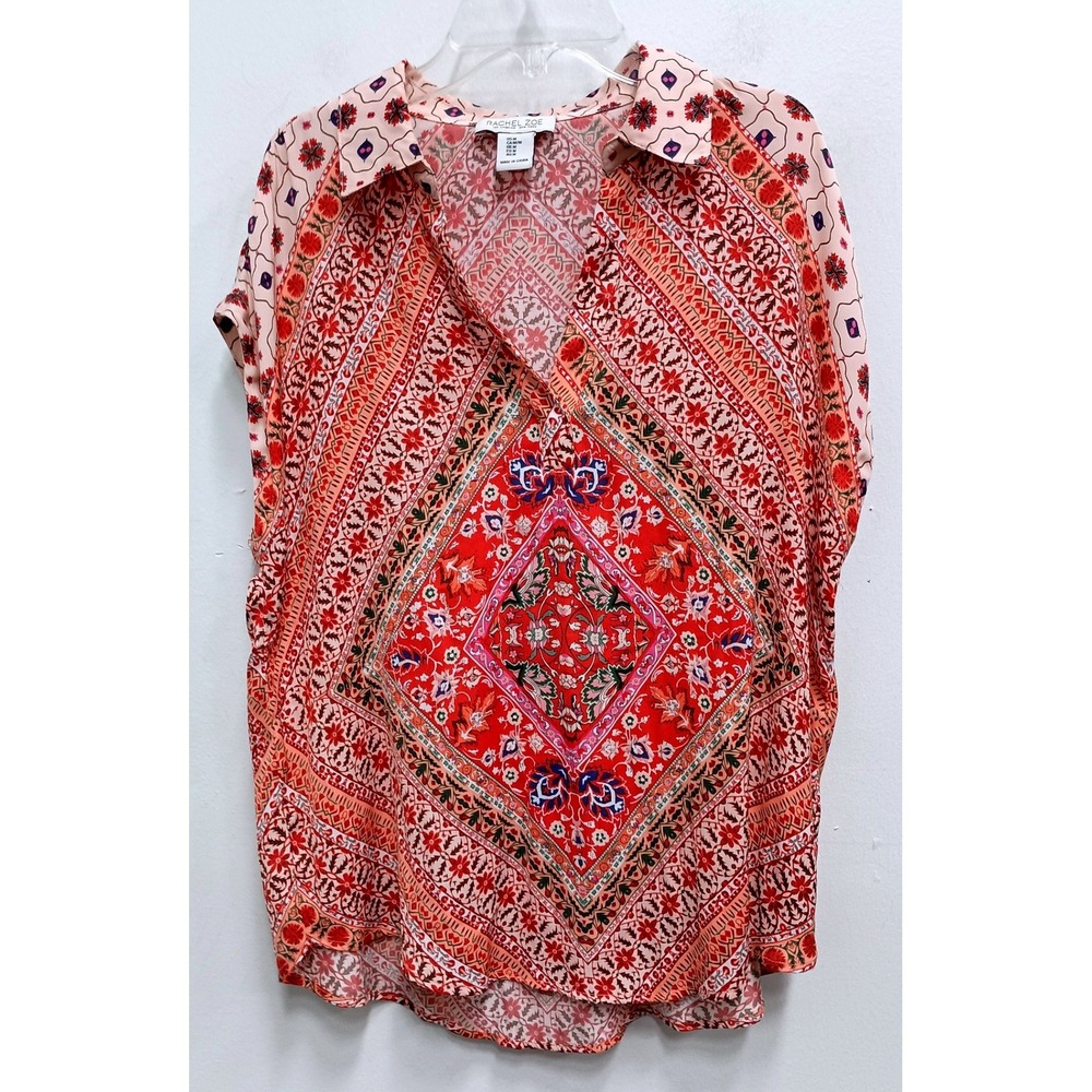Rachel Zoe Blouse Womens Medium Pink Red Floral Boho Cottageore Short Sleeve